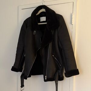 Zara Black Leather and Fully Lined Fur Moto Jacket